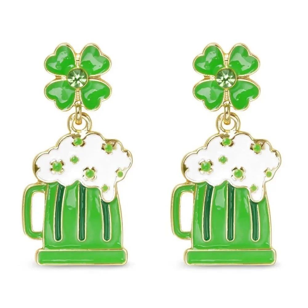 New AMANDA BLU GOLD CZ BEER AND FOUR LEAF CLOVER DANGLE EARRINGS